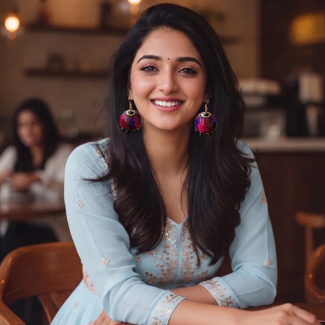 A smiling woman with long dark hair is seated indoors, wearing a light blue embroidered traditional outfit and large colorful dangling earrings. The background is a softly blurred warm-toned interior with shelves and lighting.