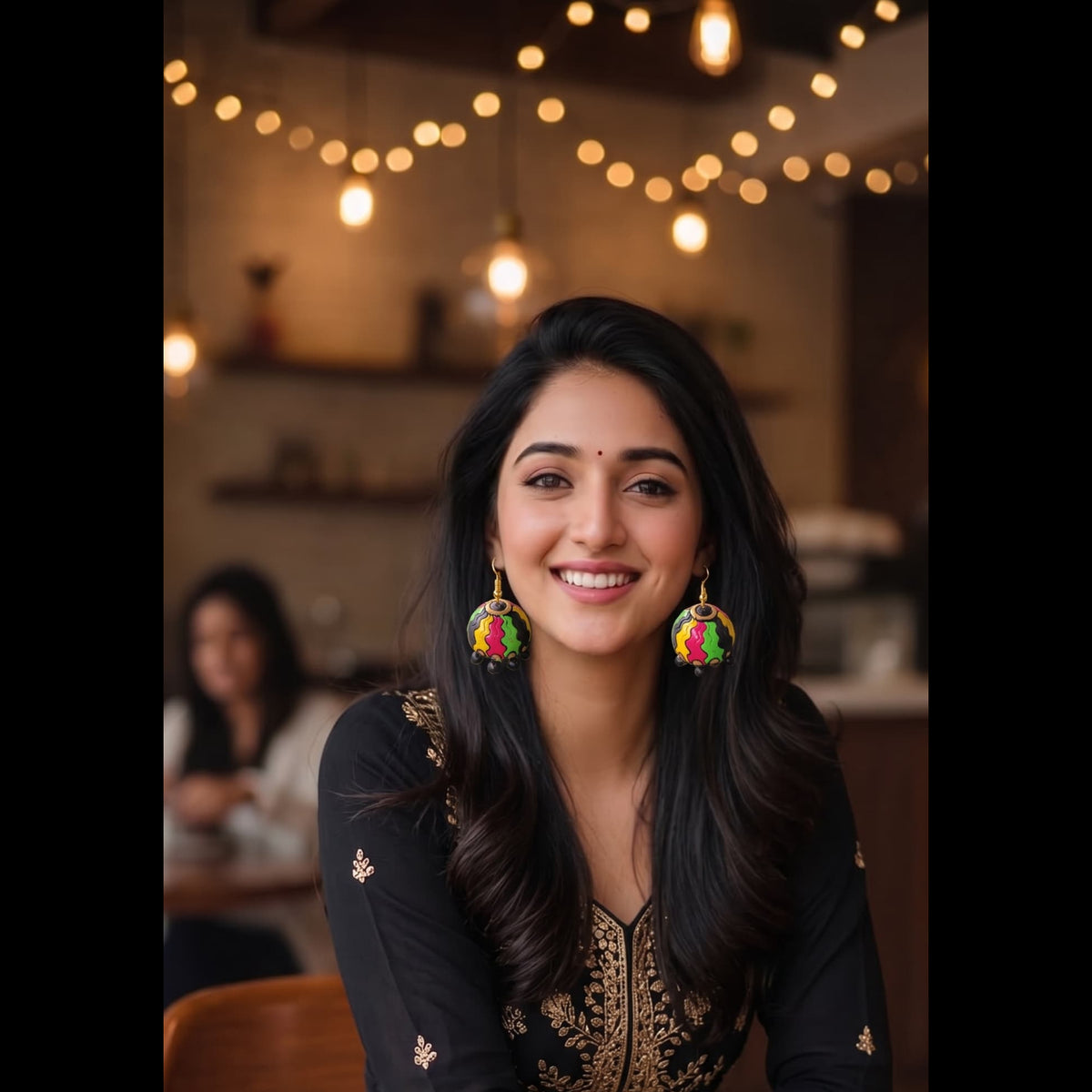 A woman with long dark hair sits at a wooden table in a warmly lit cafe, wearing a black long-sleeve dress with gold embroidery and colorful earrings.