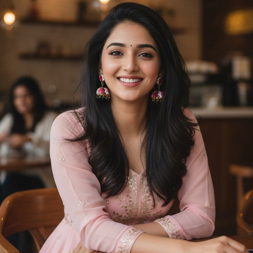 A smiling woman with long dark hair is seated indoors, wearing a light pink embroidered traditional outfit with sheer sleeves and ornate dangling earrings. The background shows a softly blurred cafe or restaurant interior.
