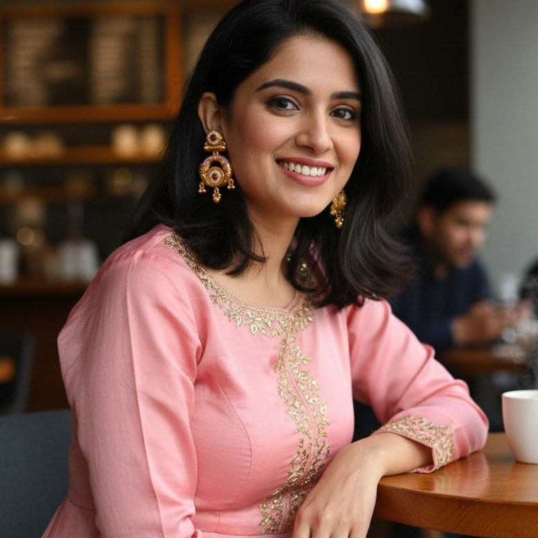 A woman wearing a pink traditional outfit with gold embroidery sits at a wooden table in a cafe, smiling at the camera. A white coffee cup is on the table next to her.