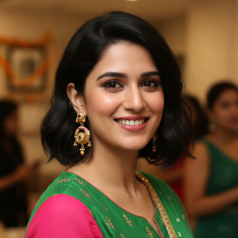 A smiling woman with short black hair wearing a green and pink traditional outfit with gold jewelry, photographed in a warmly lit indoor event setting with blurred people in the background.