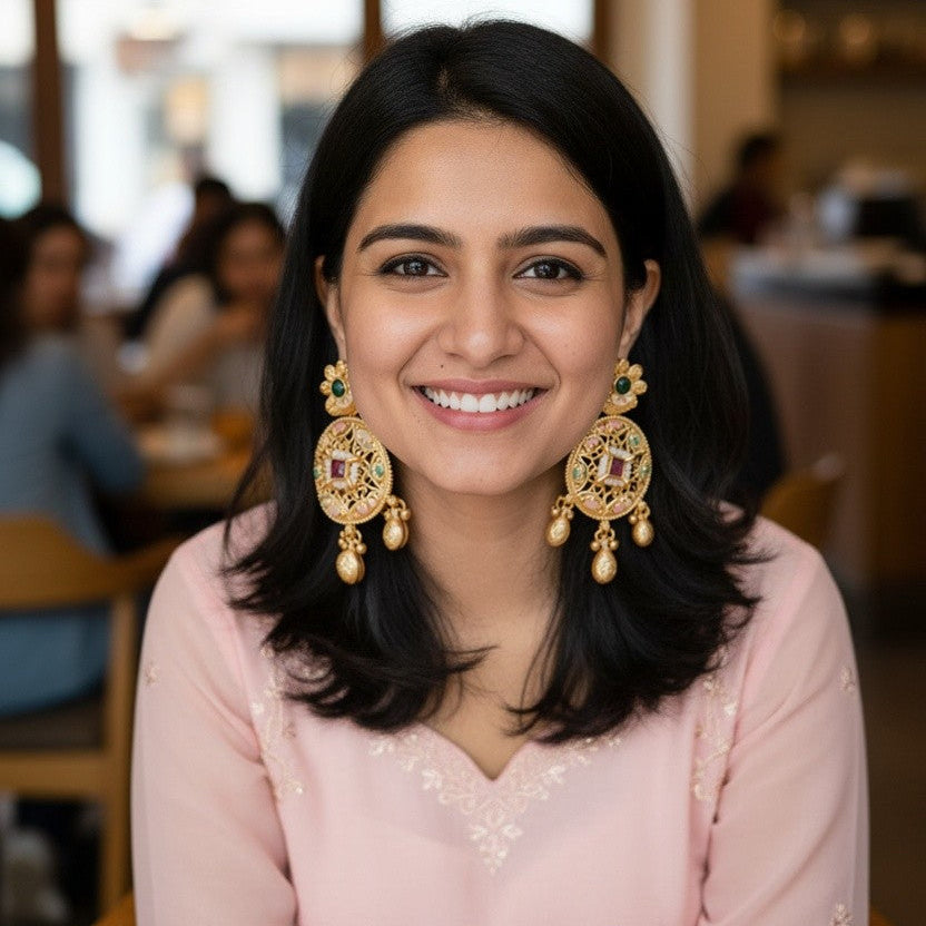 A smiling woman with dark hair wearing large ornate gold-toned statement earrings and a light pink embroidered top, photographed in a softly blurred indoor setting with warm lighting.