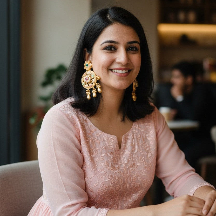 A woman with dark hair is smiling and wearing large, ornate gold earrings and a light pink embroidered dress in a softly lit indoor setting.