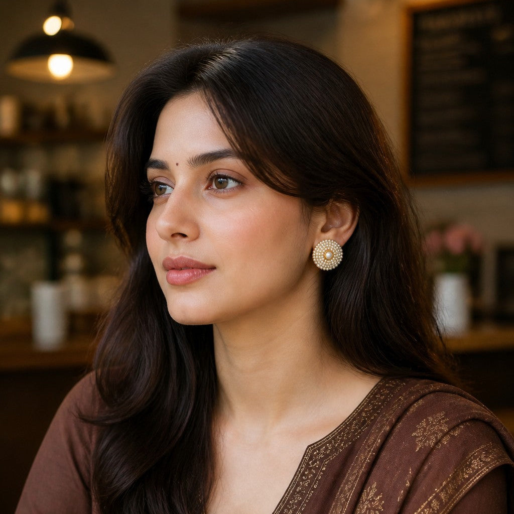 A woman with long dark hair is shown in a warm indoor setting, wearing a brown embroidered traditional outfit with a matching dupatta and gold-toned earrings.
