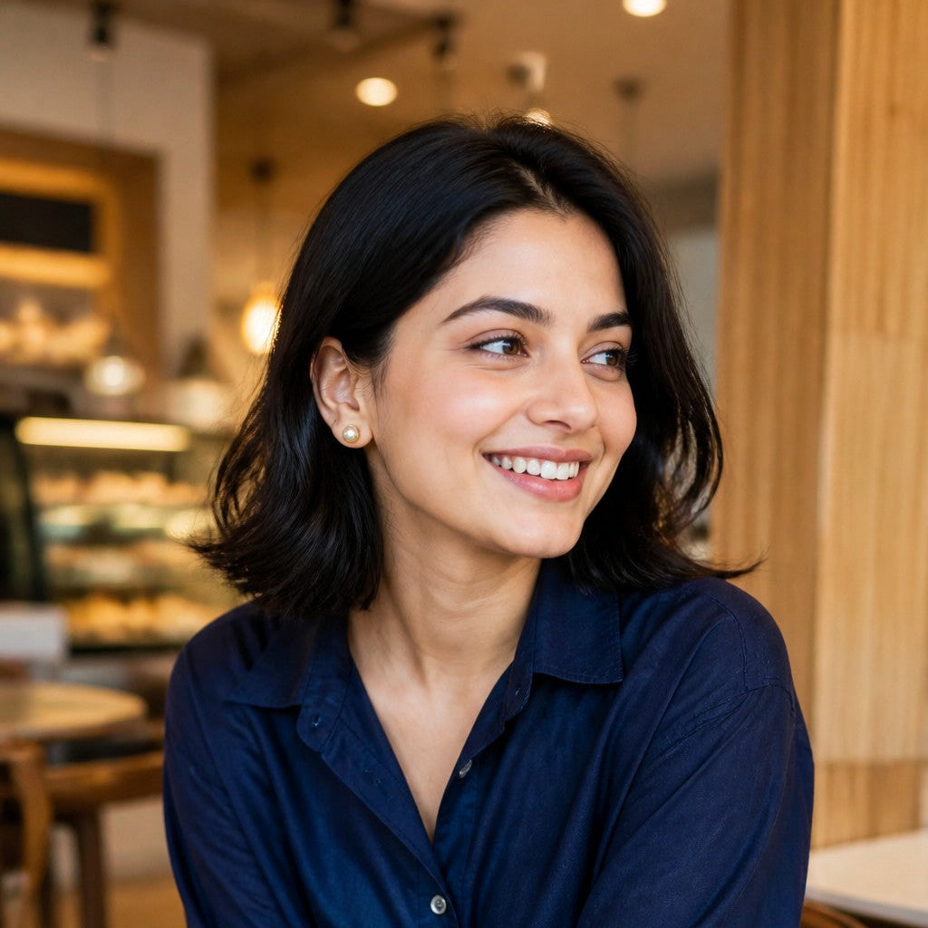 A woman with short dark hair smiling and looking to the side, wearing a navy blue button-up shirt and light blue jeans, seated in a warm, softly lit cafe interior.