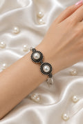 Oxidised Pearl Circular Medallion Bangle | Lustrous Gemstone Bracelet
