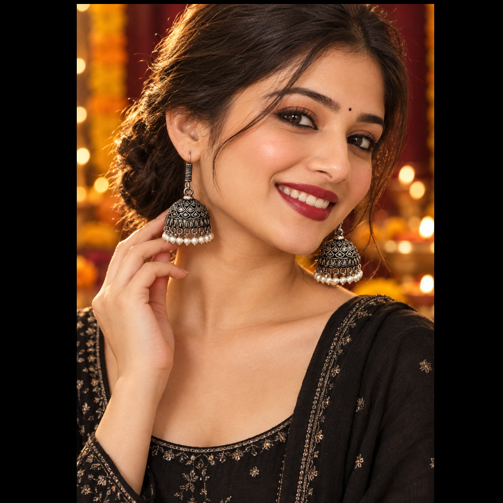 Oxidised Peacock Jhumki Earrings | White Pearl Fringe