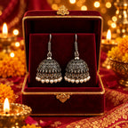 Oxidised Peacock Jhumki Earrings | White Pearl Fringe