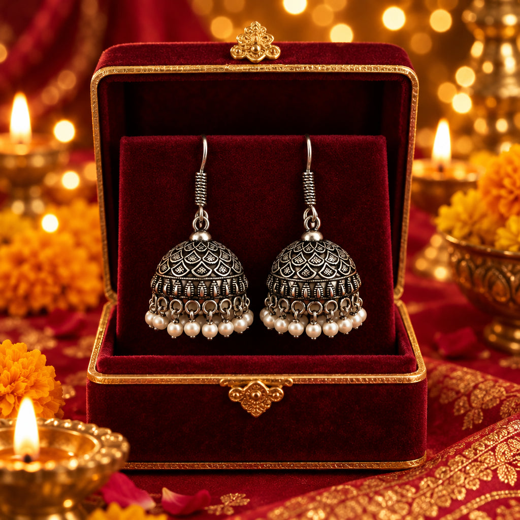 Oxidised Peacock Jhumki Earrings | White Pearl Fringe