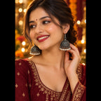 Oxidised Peacock Jhumki Earrings | White Pearl Fringe