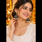 Oxidised Peacock Jhumki Earrings | White Pearl Fringe