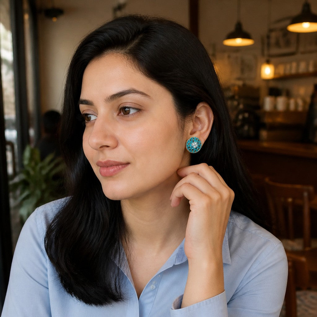 A woman with long black hair wearing a light blue button-up shirt and dark jeans, shown in a cafe setting. She is wearing a round turquoise earring and touching her ear with her hand.