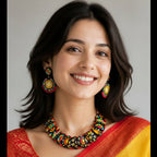 Woman wearing a multicolour handcrafted terracotta choker necklace with matching jhumki earrings
