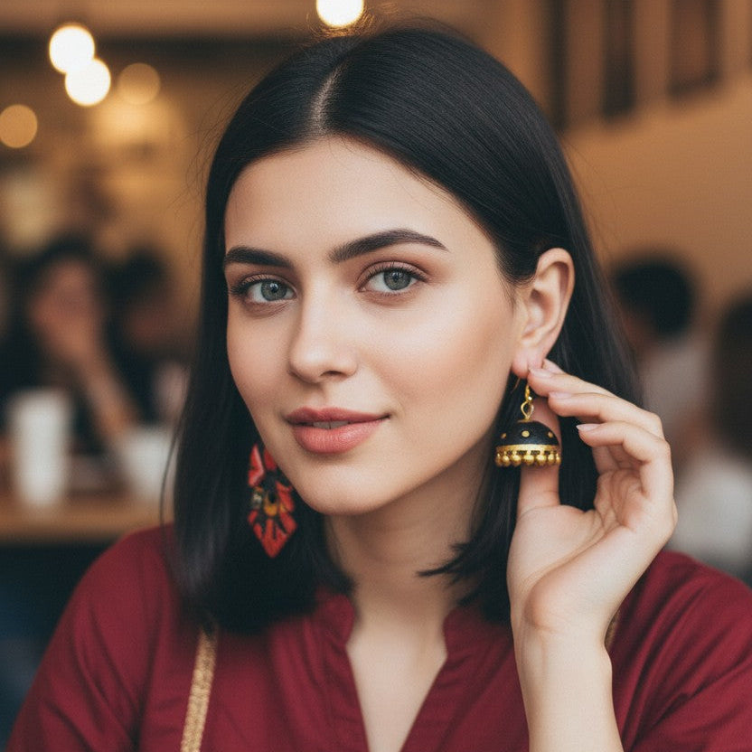 Black terracotta jhumki product shot