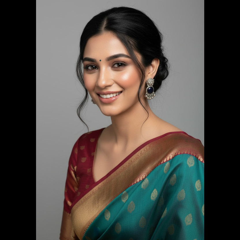 A woman wearing a teal and maroon saree with gold zari detailing, styled with a maroon blouse and ornate earrings, photographed against a solid gray studio background.