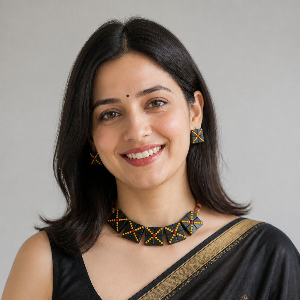 A woman wearing a black saree with gold zari embroidery and a geometric black, gold, and red beaded necklace, photographed against a neutral gray background.