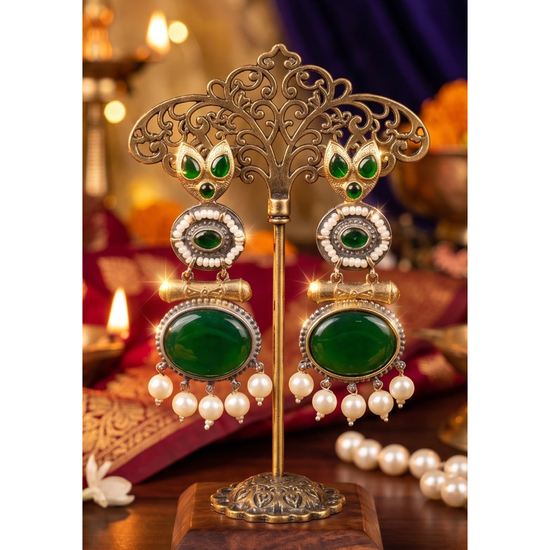 A pair of ornate gold-toned dangle earrings with large green stone centers, smaller green and white stones, and dangling pearl-like beads, displayed on a decorative stand in a warm, richly lit setting.