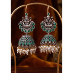 A pair of traditional Indian silver-toned jhumka earrings with green stone accents and white pearl bead drops, displayed on a gold-colored stand against a warm brown background.