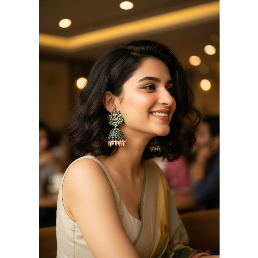 A pair of traditional Indian silver-toned jhumka earrings with green stone accents and white pearl bead drops, displayed on a gold-colored stand against a warm brown background.