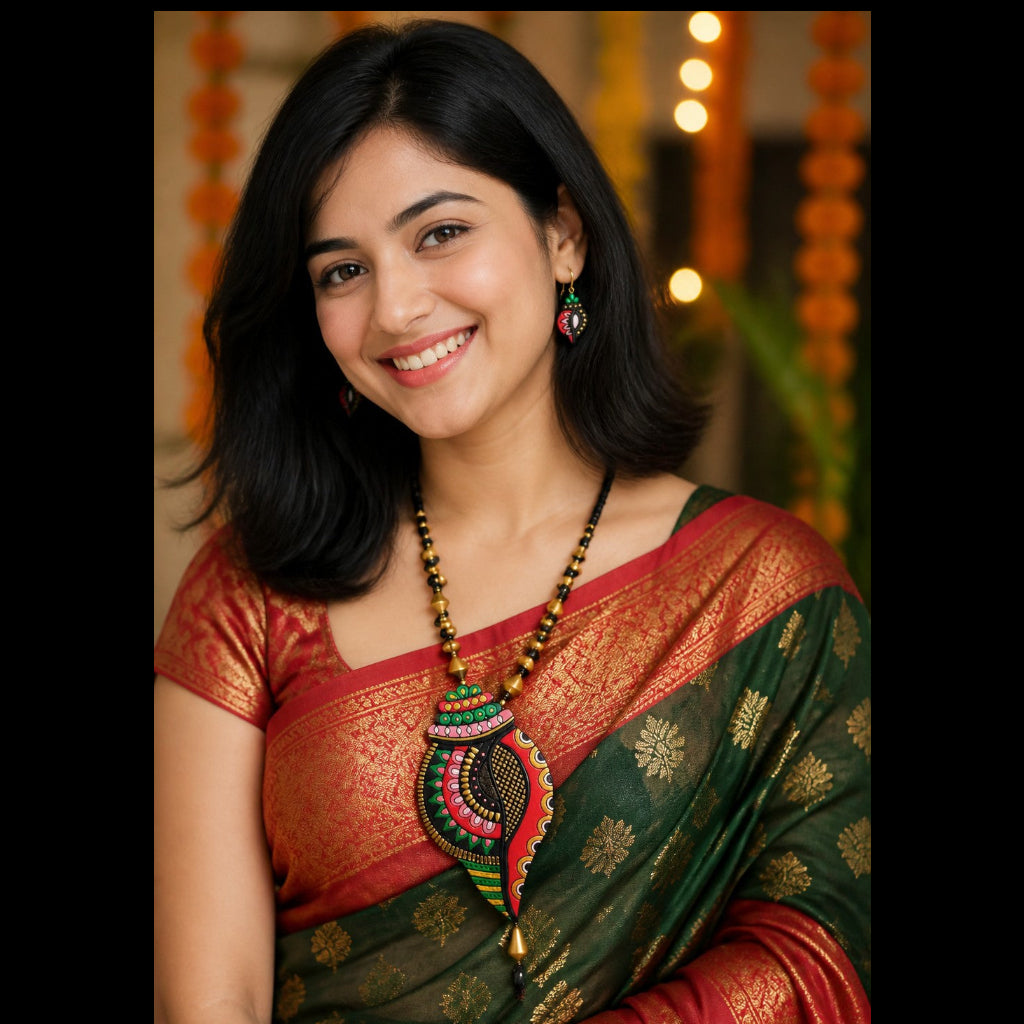 A woman wearing a traditional Indian saree with a deep green body, red border, and gold zari patterns, paired with a red and gold blouse. She is also wearing a large, colorful beaded statement necklace and matching earrings.