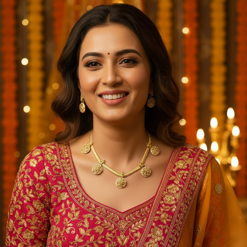 Gold jewelry set featuring a necklace and matching earrings displayed on black velvet stands. The necklace has a textured gold chain with five round, heavily embellished gold pendants, while the matching earrings have similar round pendant designs hanging from smaller gold hooks.