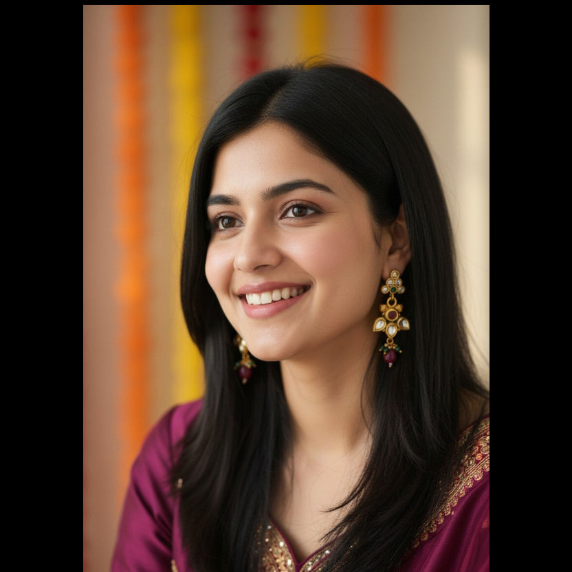A smiling woman with long black hair wearing ornate gold and red dangling earrings and a deep purple traditional outfit with gold embroidery, set against a softly blurred background with orange and yellow hanging decorations.