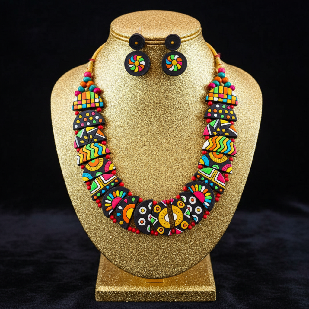 A colorful handmade terracotta bead necklace with matching stud earrings displayed on a wooden surface, with green leaves at the top and the text 'Avighna Terracotta'.