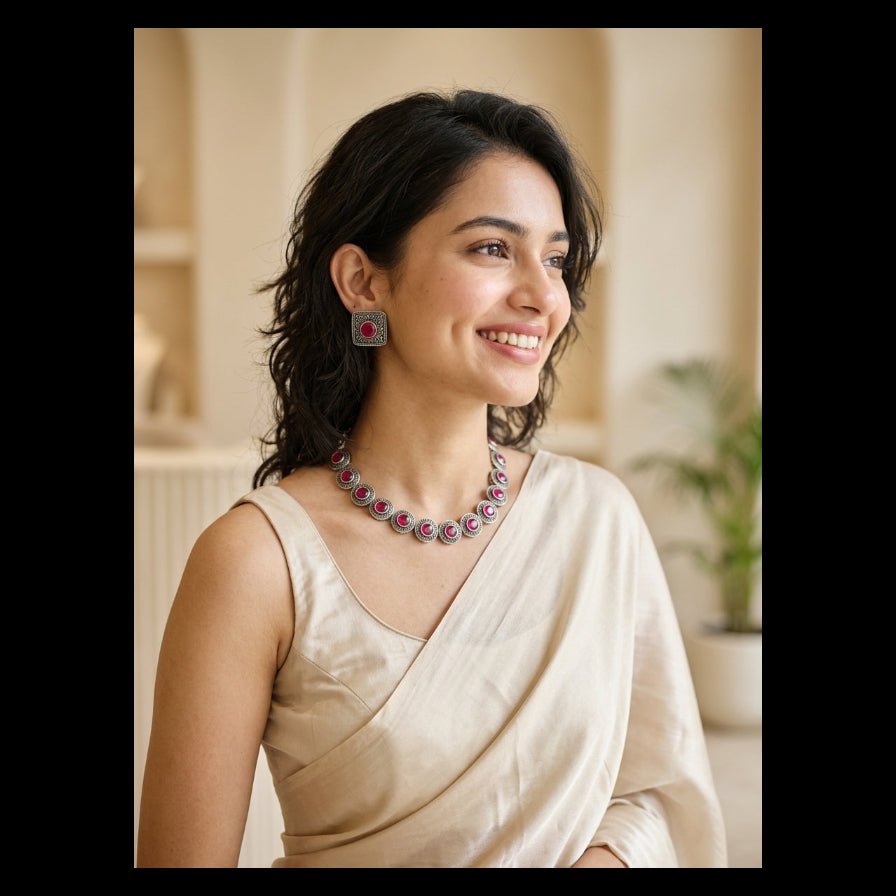 A woman with dark hair smiles while wearing a cream-colored draped top and a colorful beaded necklace with matching square earrings. The background is a softly blurred indoor setting with warm beige tones.