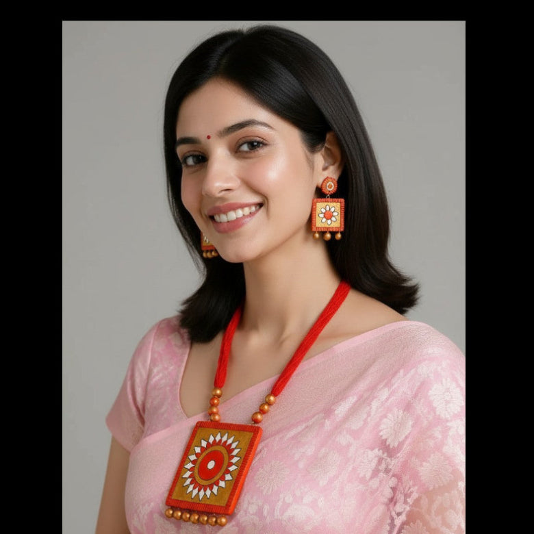 A woman wearing a pink saree and matching pink blouse, styled with a red and gold square pendant necklace and matching red and gold earrings, against a plain gray studio background.