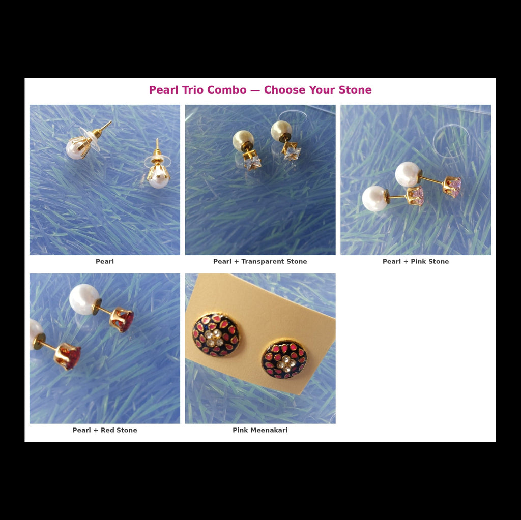 A product options collage titled 'Pearl Trio Combo — Choose Your Stone' showing five pairs of stud earrings on a blue textured background: pearl, pearl with transparent stone, pearl with pink stone, pearl with red stone, and pinkmeenakari. Small labels identify each variant.