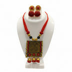 A handcrafted Terracotta Square Red Necklace Set with matching earrings, displayed against a plain background.