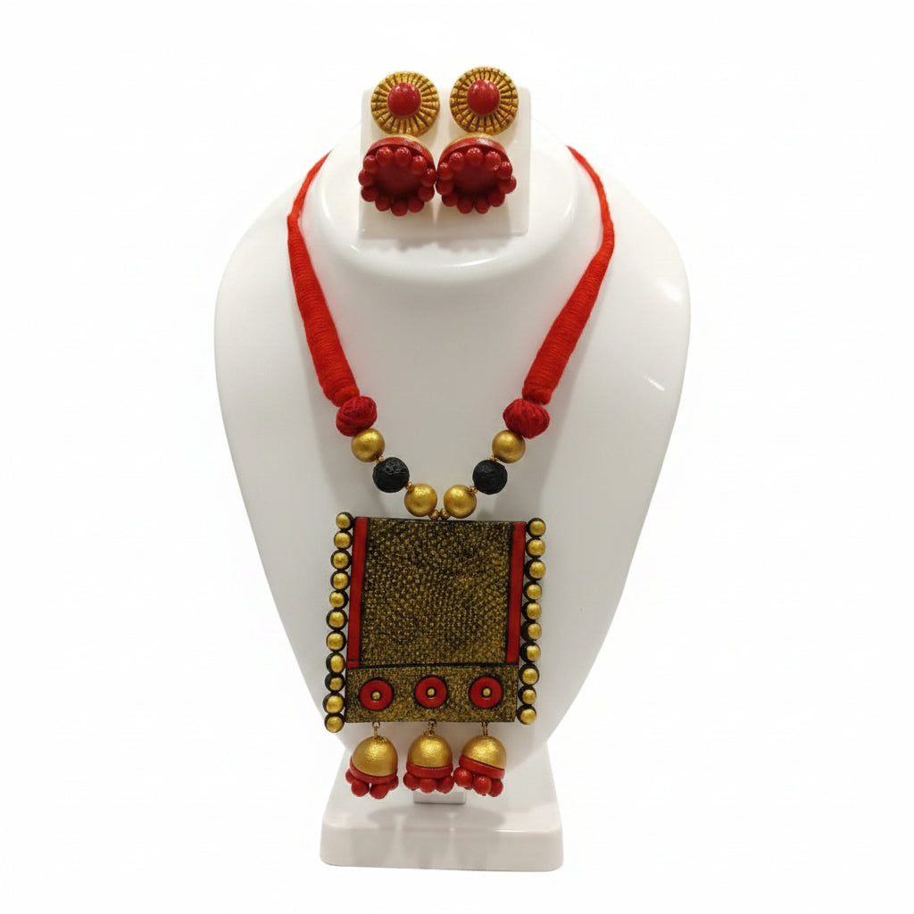 Terracotta Square Red Necklace Set