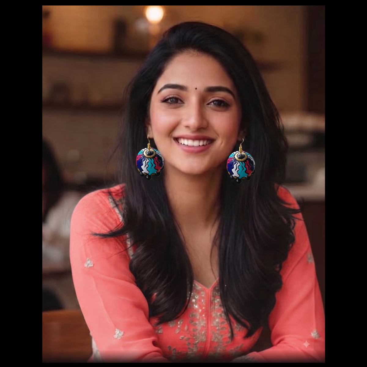 A smiling woman with long dark hair wearing colorful, ornate jhumka earrings and a coral pink embroidered top, photographed in a softly blurred indoor setting.