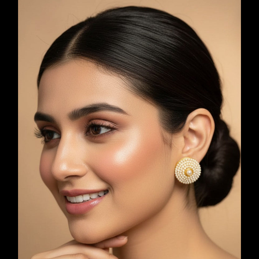 A close-up portrait of a woman with dark hair in a low bun, wearing a round gold and white beaded earring, set against a warm beige background.