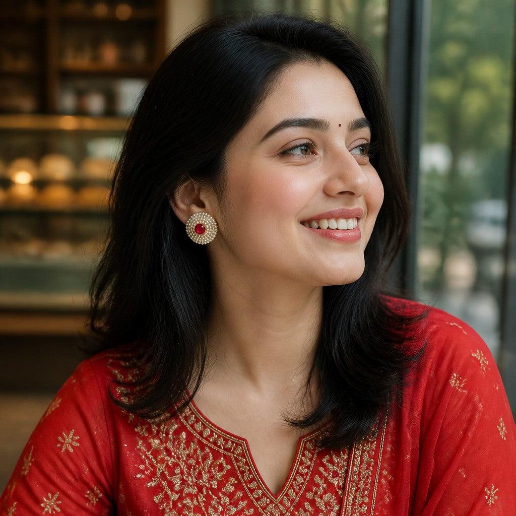 A woman wearing a red embroidered traditional outfit with gold detailing, seated indoors near a window. She is smiling and looking to the side, with her hair styled in loose waves and a red-and-gold earring visible.